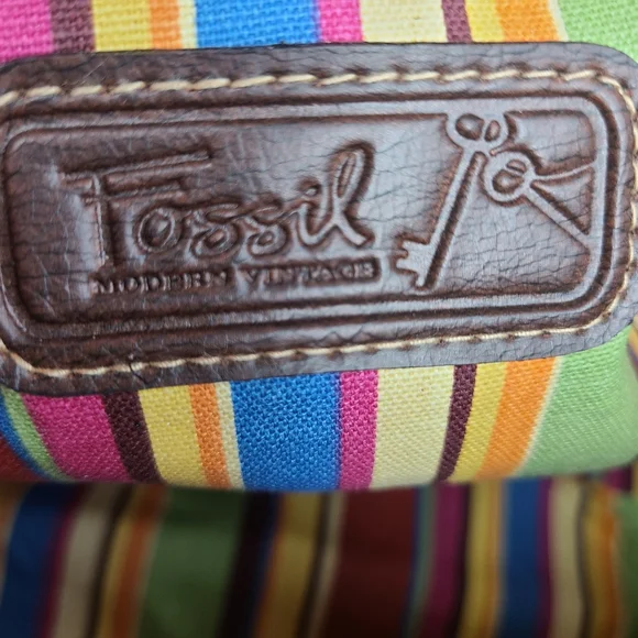 Fossil Bag Satchel Tan Straw Material Brown Leather Shoulder Strap Key Charm - Picture 16 of 16